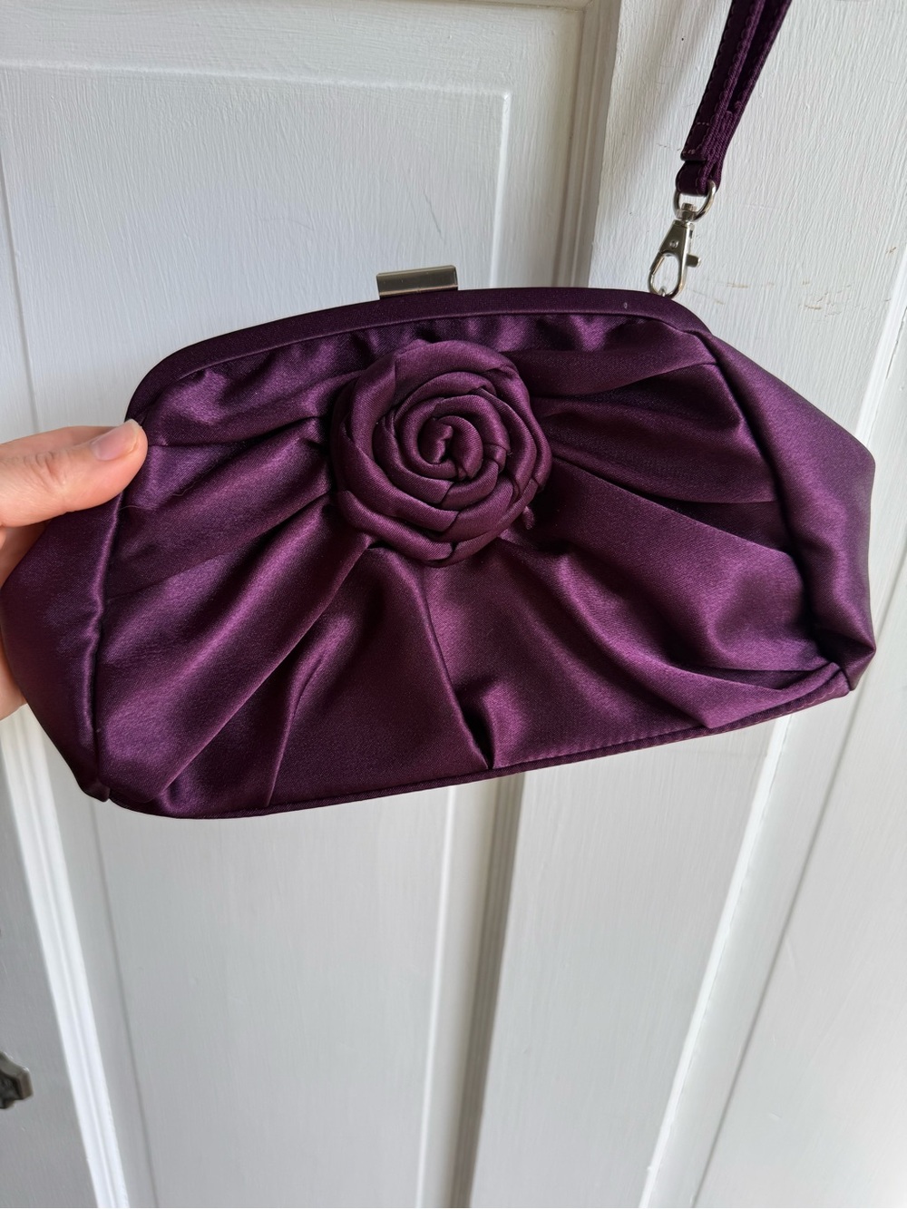 Nine West Plum Satin Rose Wristlet Clutch